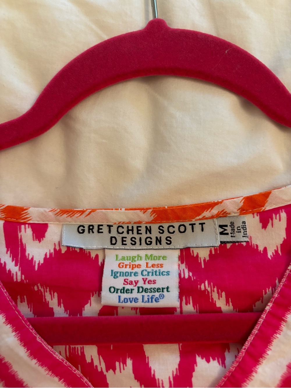 Gretchen Scott Designs 100% Cotton Pink & Orange Ikat V-Neck Tunic Medium - Picture 3 of 6